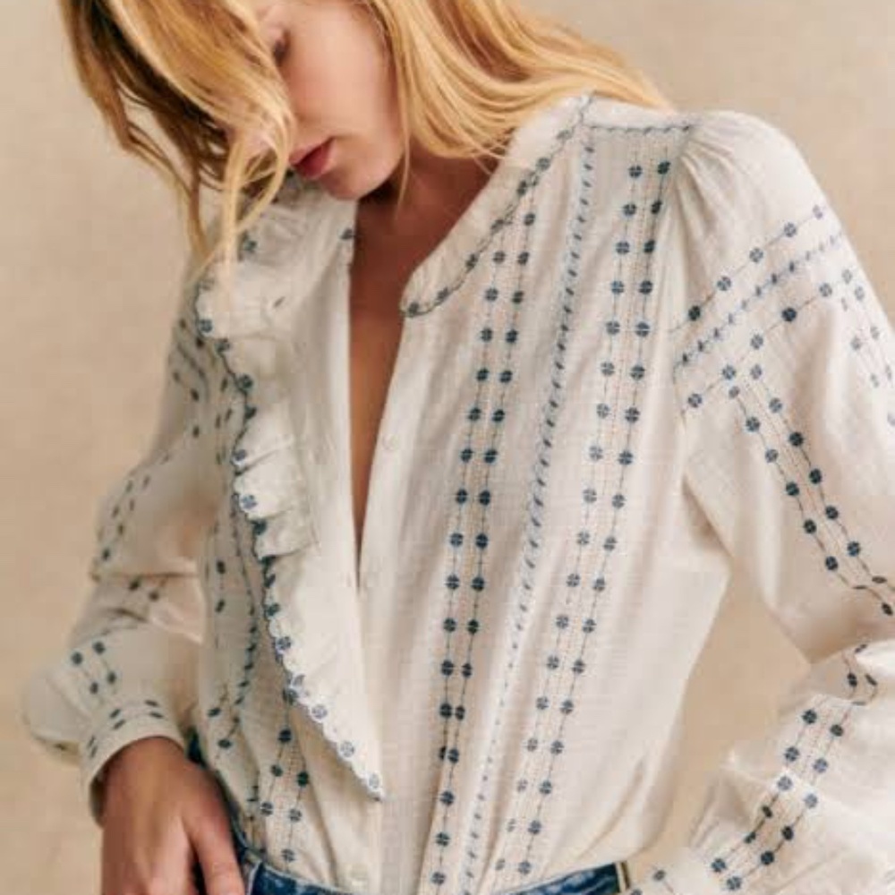 Sezane Chlo Ecru/Blue Embroidered Blouse